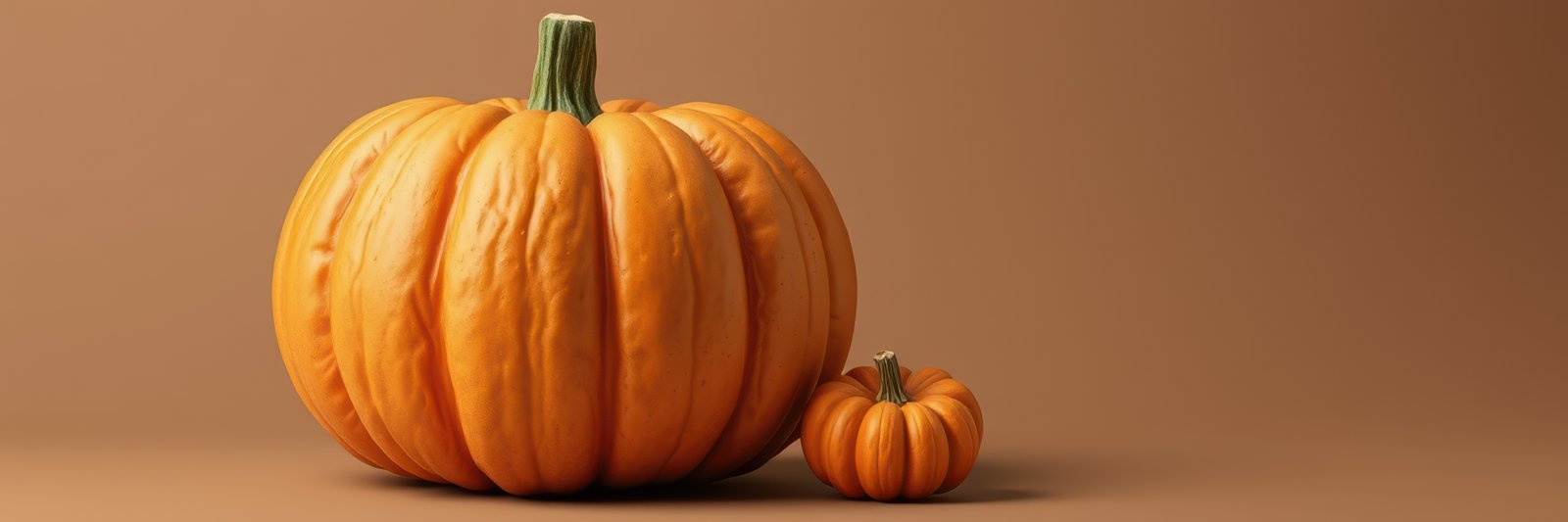 Big and small pumpkins displayed against a warm brown background during the autumn season
